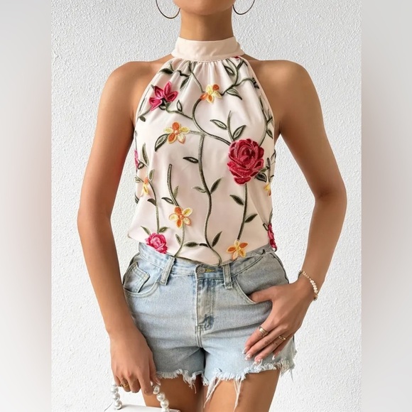 NIP-Floral Embroidered Mesh Halter Top - Picture 3 of 4